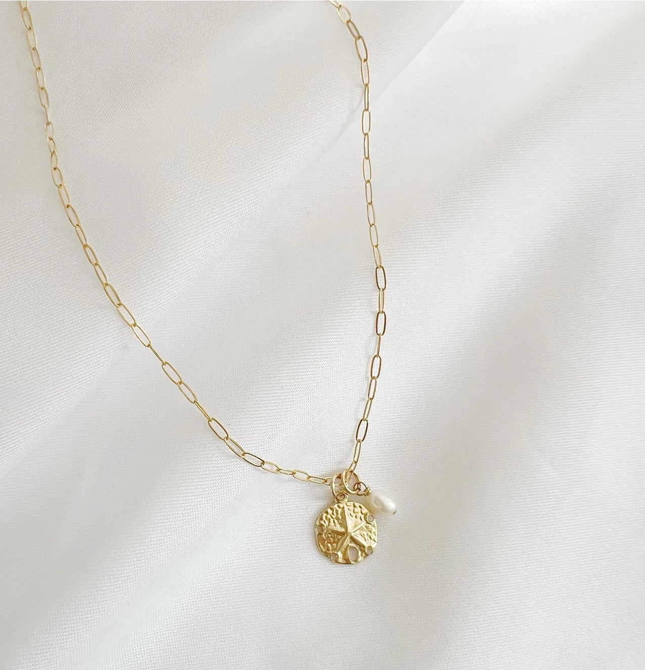 Sandy Pearl Beach Sand Dollar Charm Necklace Gold Filled