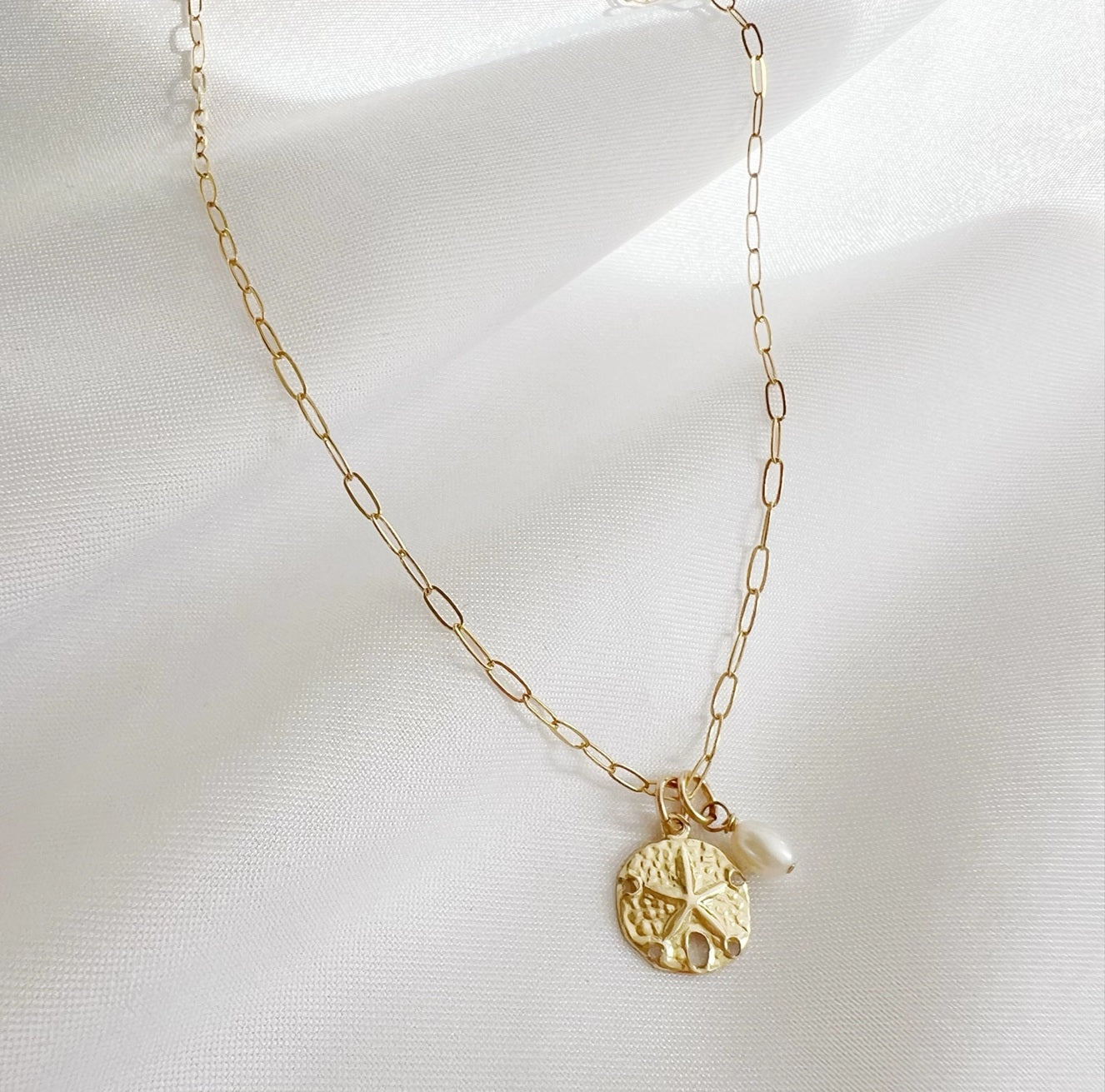 Sandy Pearl Beach Sand Dollar Charm Necklace Gold Filled