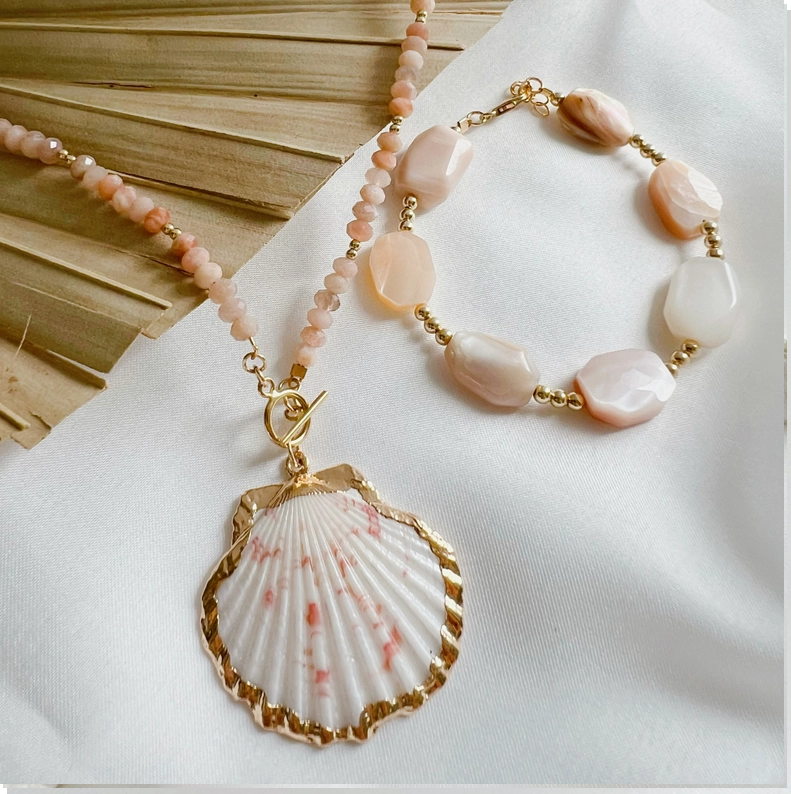 Big Island Shell Sunstone Beaded Toggle Necklace Gold Filled