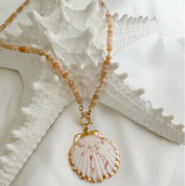 Big Island Shell Sunstone Beaded Toggle Necklace Gold Filled