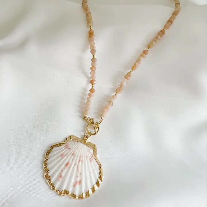 Big Island Shell Sunstone Beaded Toggle Necklace Gold Filled