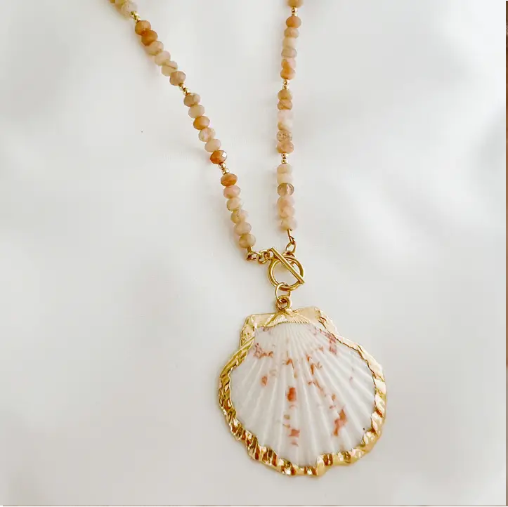 Big Island Shell Sunstone Beaded Toggle Necklace Gold Filled