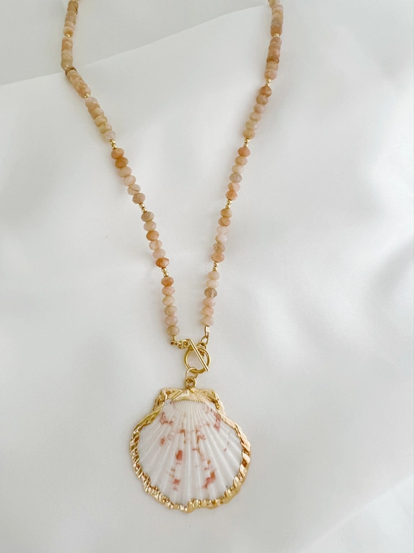 Big Island Shell Sunstone Beaded Toggle Necklace Gold Filled