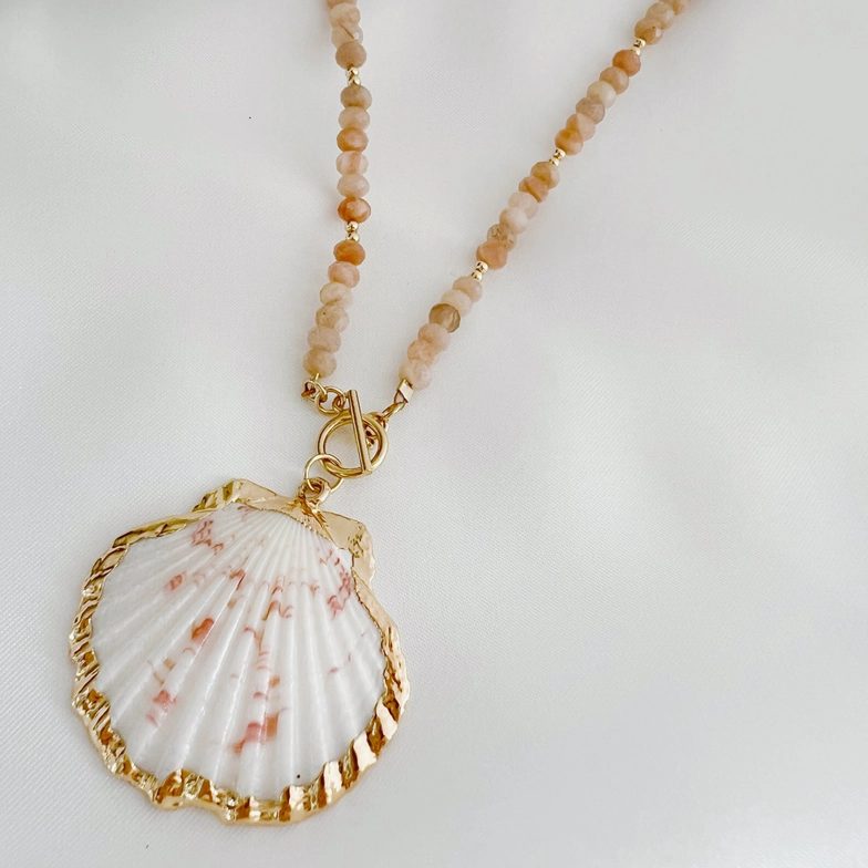 Big Island Shell Sunstone Beaded Toggle Necklace Gold Filled